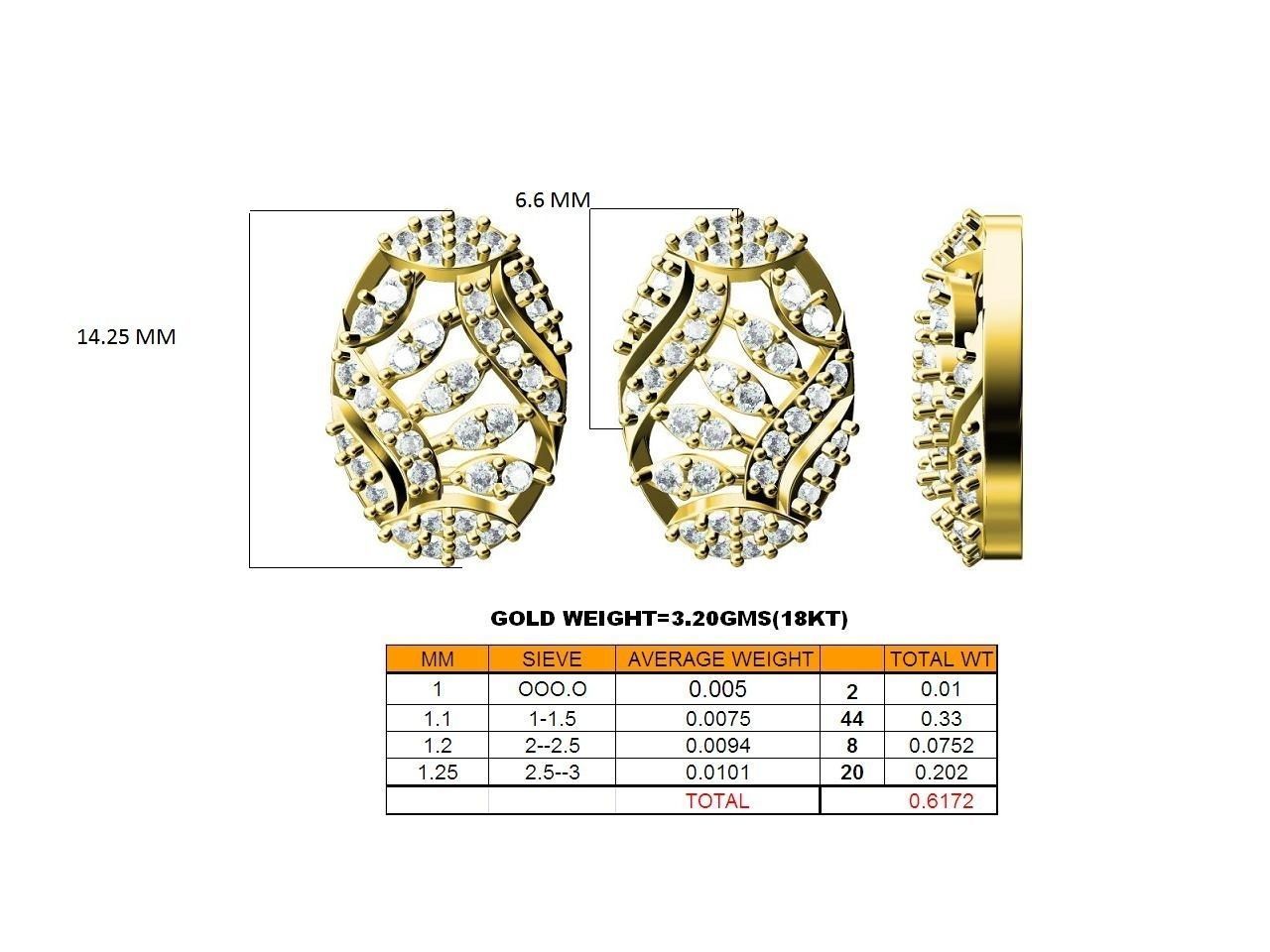 Oval Shaped Gold Ear Studs With Diamonds 3 3D print model_3