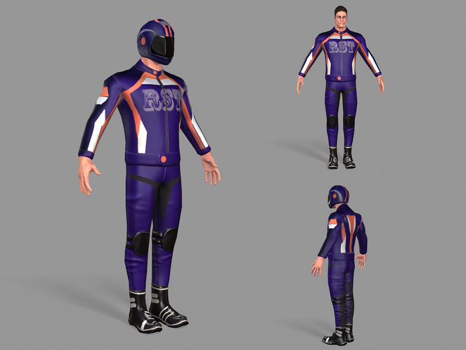 Biker man in orange suit Low-poly 3D model