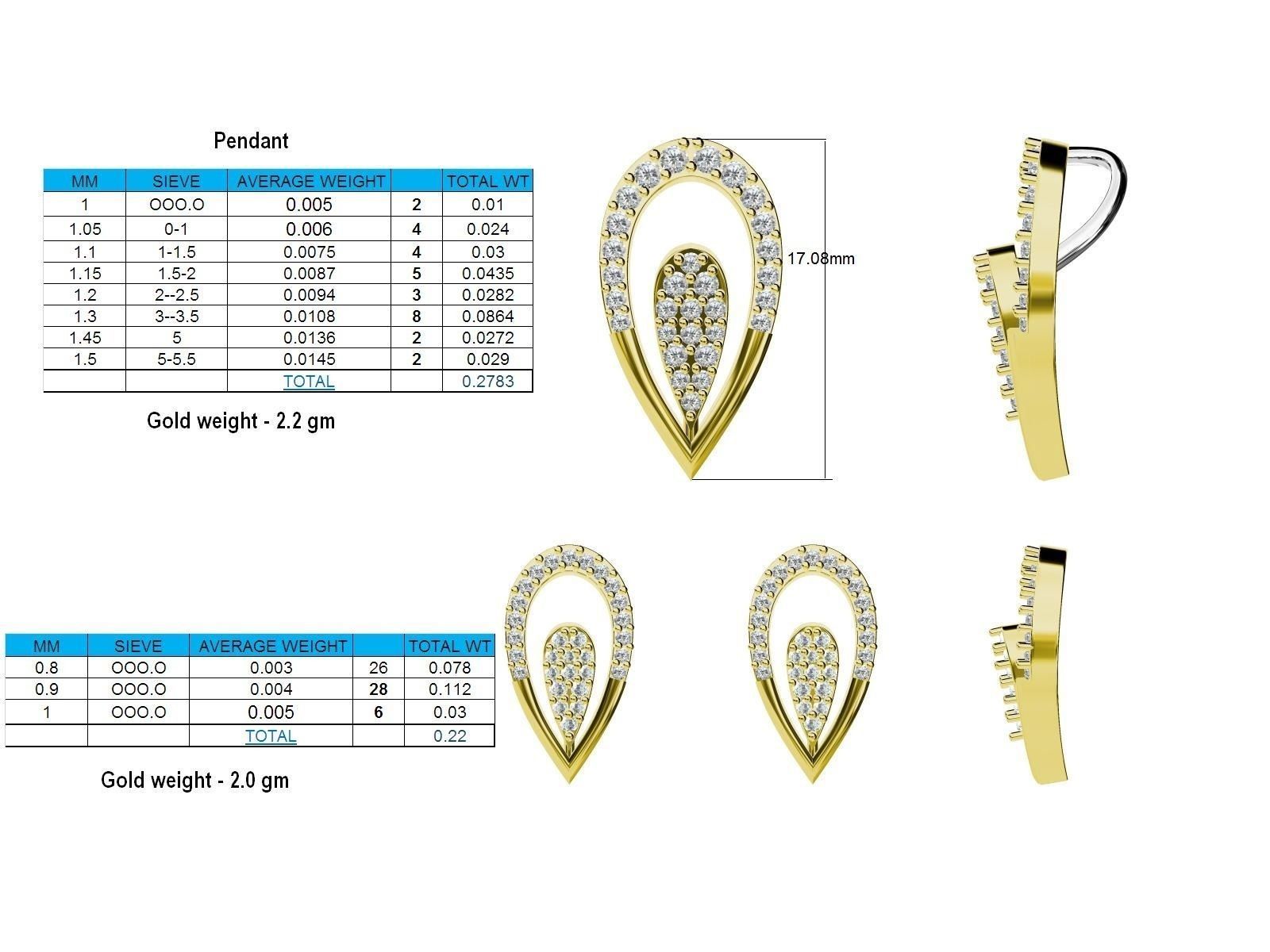 Drop Shaped Gold Ear Studs With Diamonds 7 3D print model_3