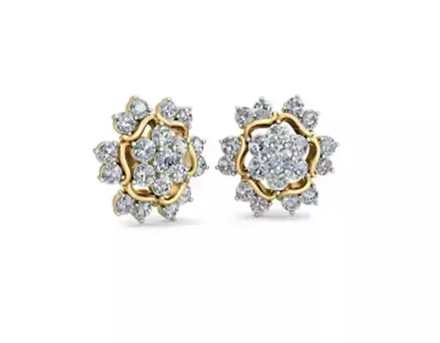 Flower Shaped Gold Ear Studs With Diamonds 35