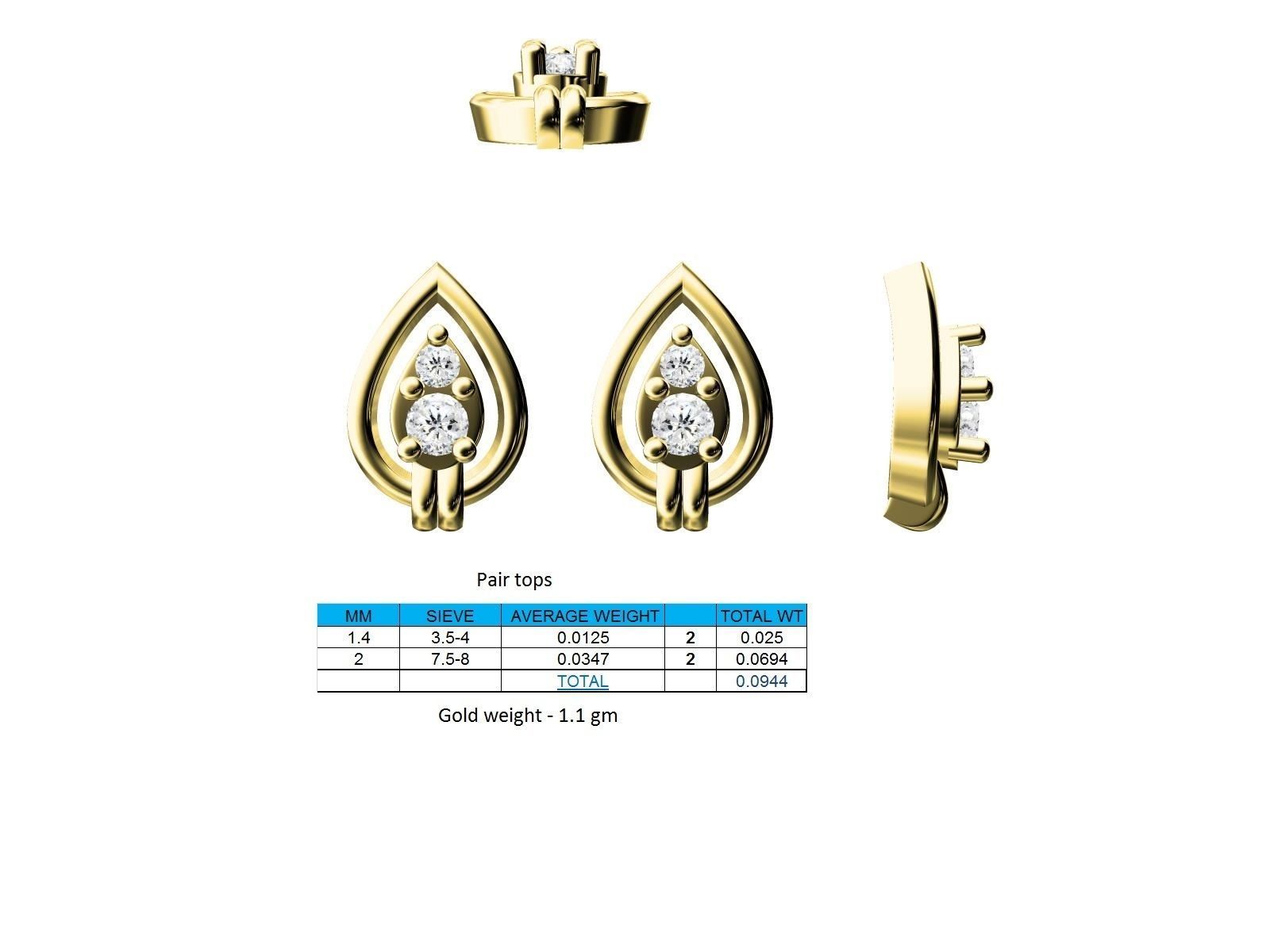 Drop Shaped Gold Ear Studs With Diamonds 8 3D print model_2