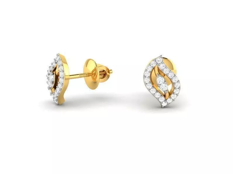 Leaf Shaped Gold Ear Studs With Diamonds 3D print model_0