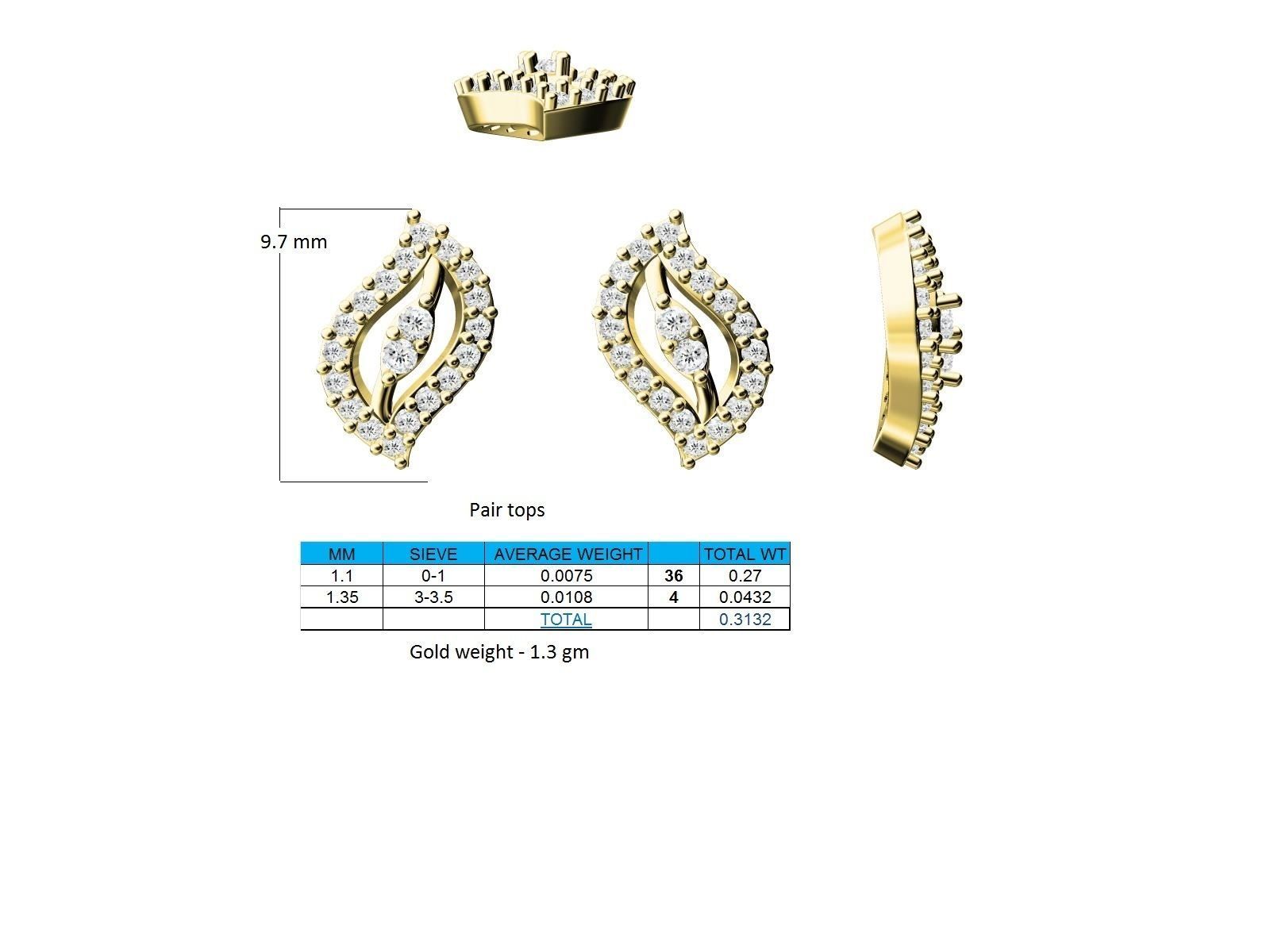 Leaf Shaped Gold Ear Studs With Diamonds 3D print model_2