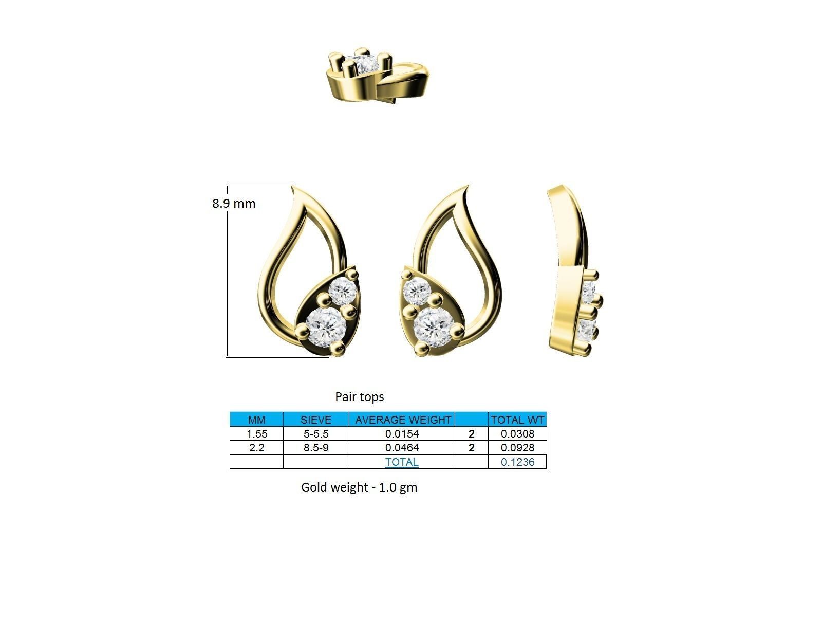 Mango Shaped Gold Ear Studs With Diamonds 5 3D print model_2