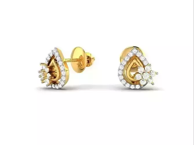Drop Shaped Gold Ear Studs With Diamonds 12 3D print model