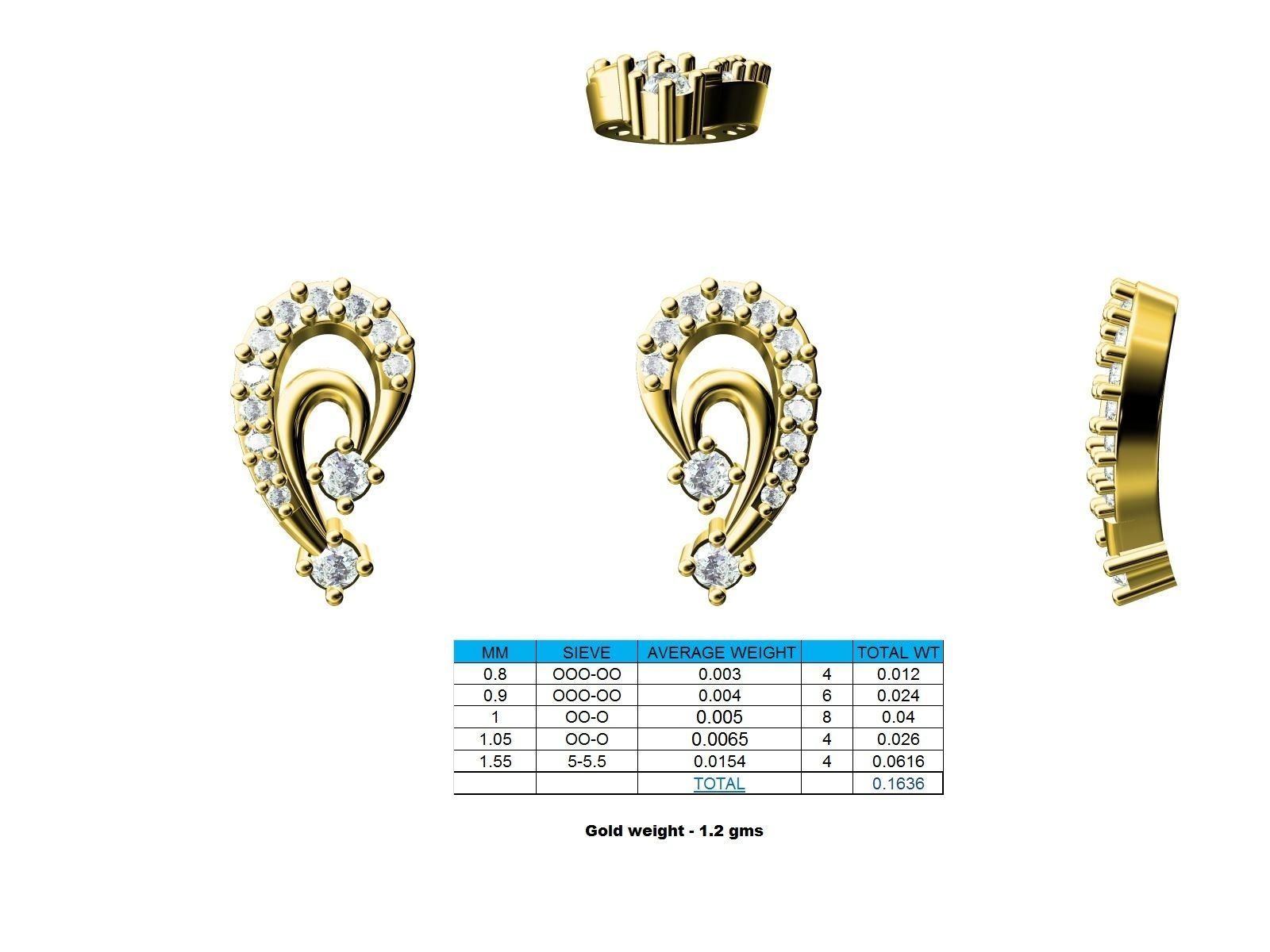 Mango Shaped Gold Ear Studs With Diamonds 7 3D print model_2