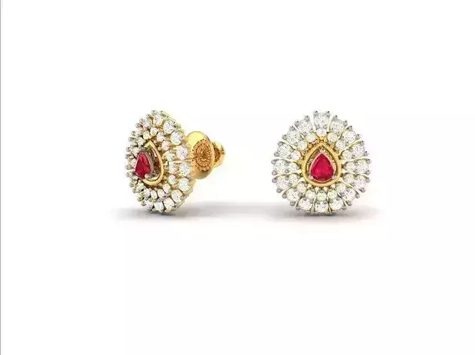 Drop Shaped Gold Ear Studs With Gem
