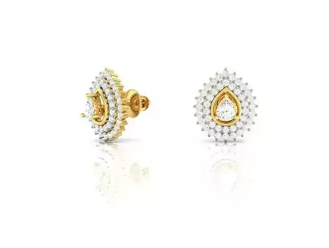 Drop Shaped Gold Ear Studs With Diamonds 14 3D print model