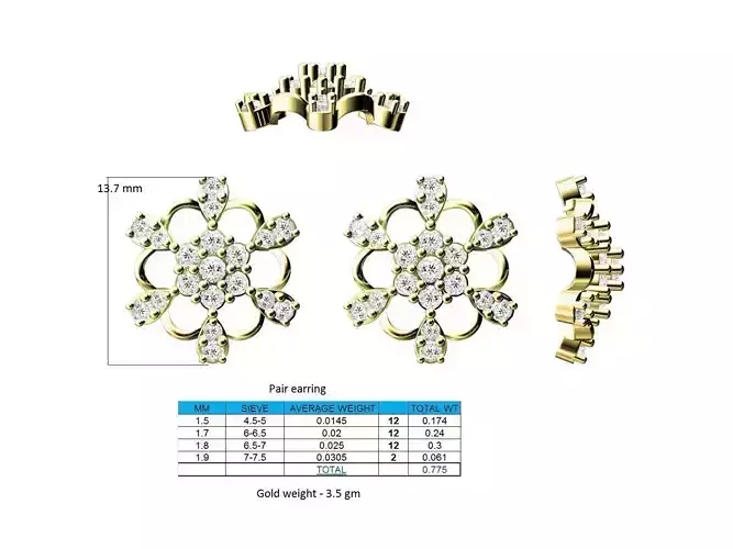 Flower Shaped Gold Ear Studs With Diamonds 52