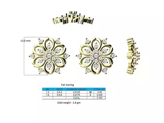 Flower Shaped Gold Ear Studs With Diamonds 54