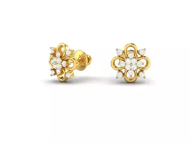 Flower Shaped Gold Ear Studs With Diamonds 55