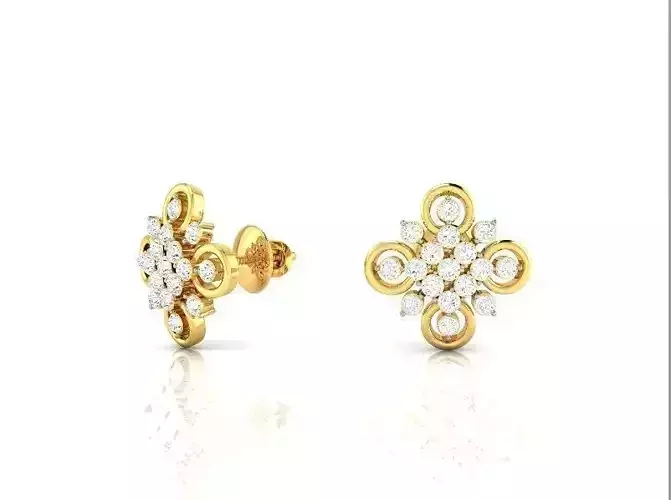 Flower Shaped Gold Ear Studs With Diamonds 60
