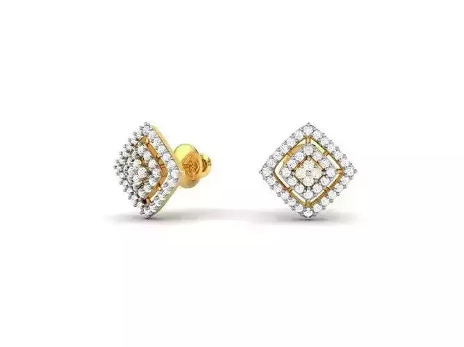 Square Shaped Gold Ear Studs With Diamonds 2