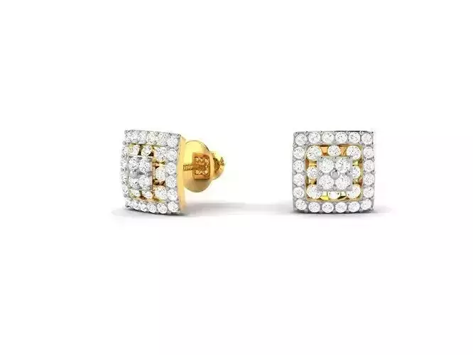 Square Shaped Gold Ear Studs With Diamonds 3