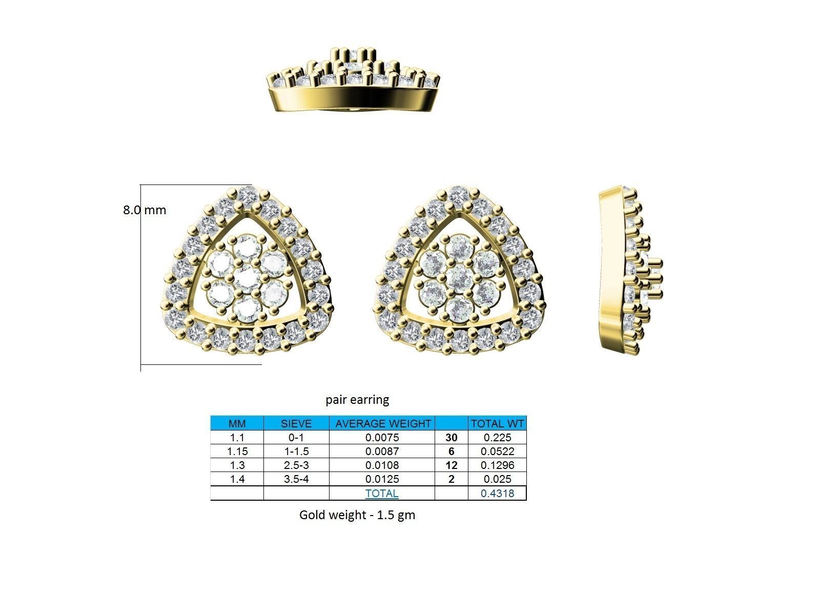 Triangle Shaped Gold Ear Studs With Diamonds 3 3D print model_2