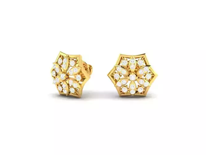 Flower Shaped Gold Ear Studs With Diamonds 83