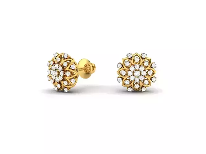 Flower Shaped Gold Ear Studs With Diamonds 86