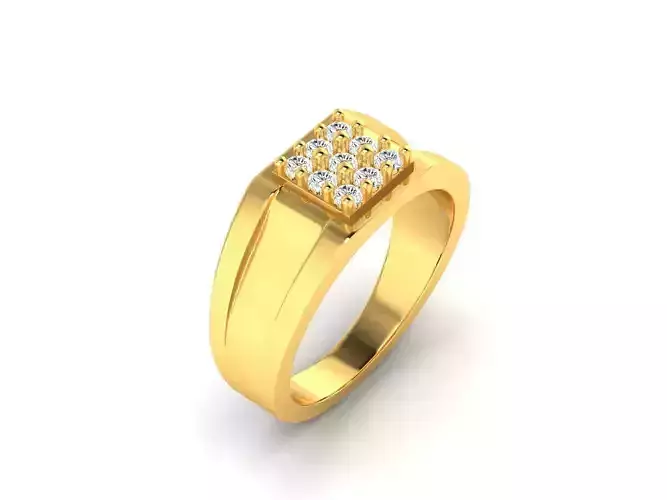 Square Mens Gold Grid Ring With Diamonds