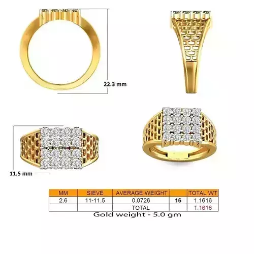 Square Gold Grid Ring With Diamonds 3
