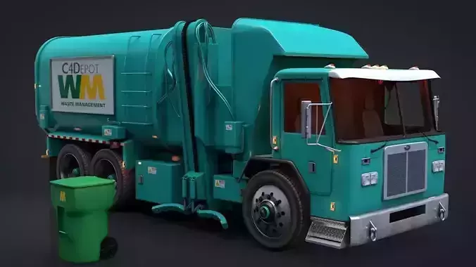 Garbage Truck and Trash Can Rigged C4D Low-poly 3D model