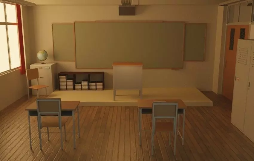 classroom empty with desks and blackboard 3D model_0