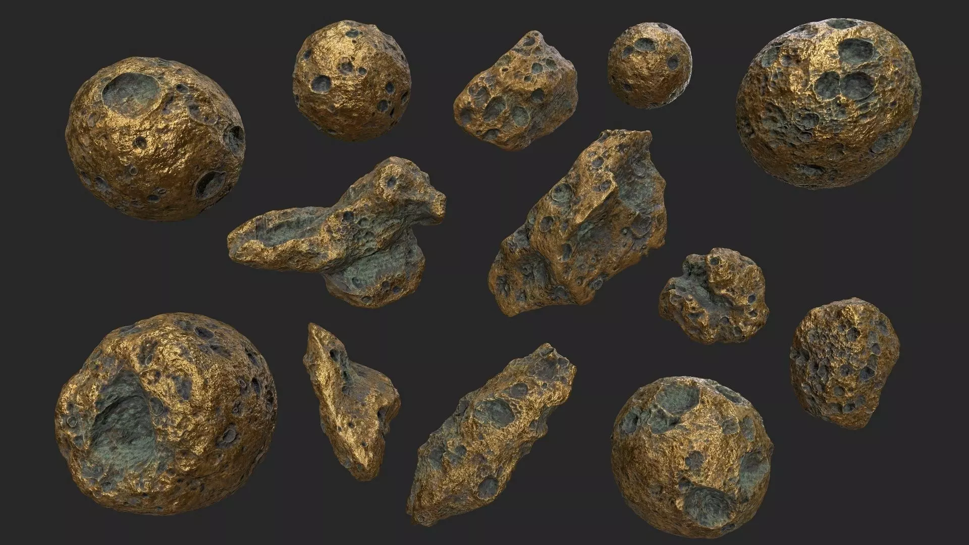asteroid set gold ball Low-poly 3D model_0