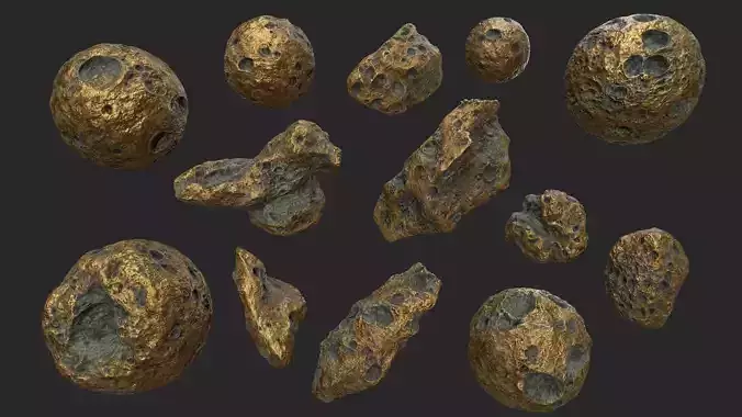 asteroid set gold ball Low-poly 3D model