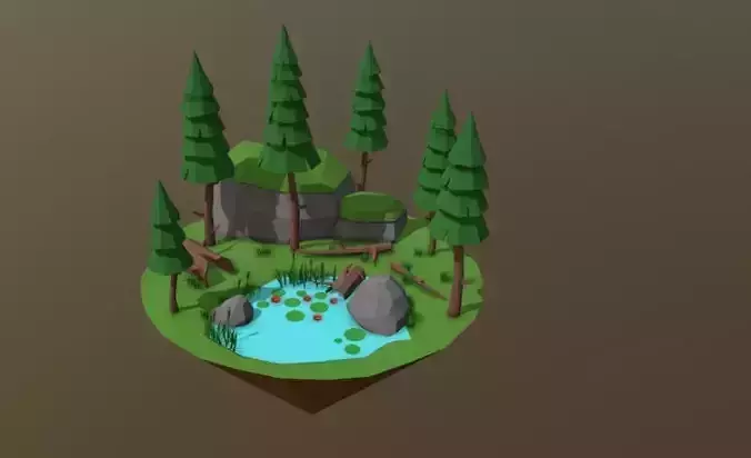 3D Lake Low Poly island with trees and pond