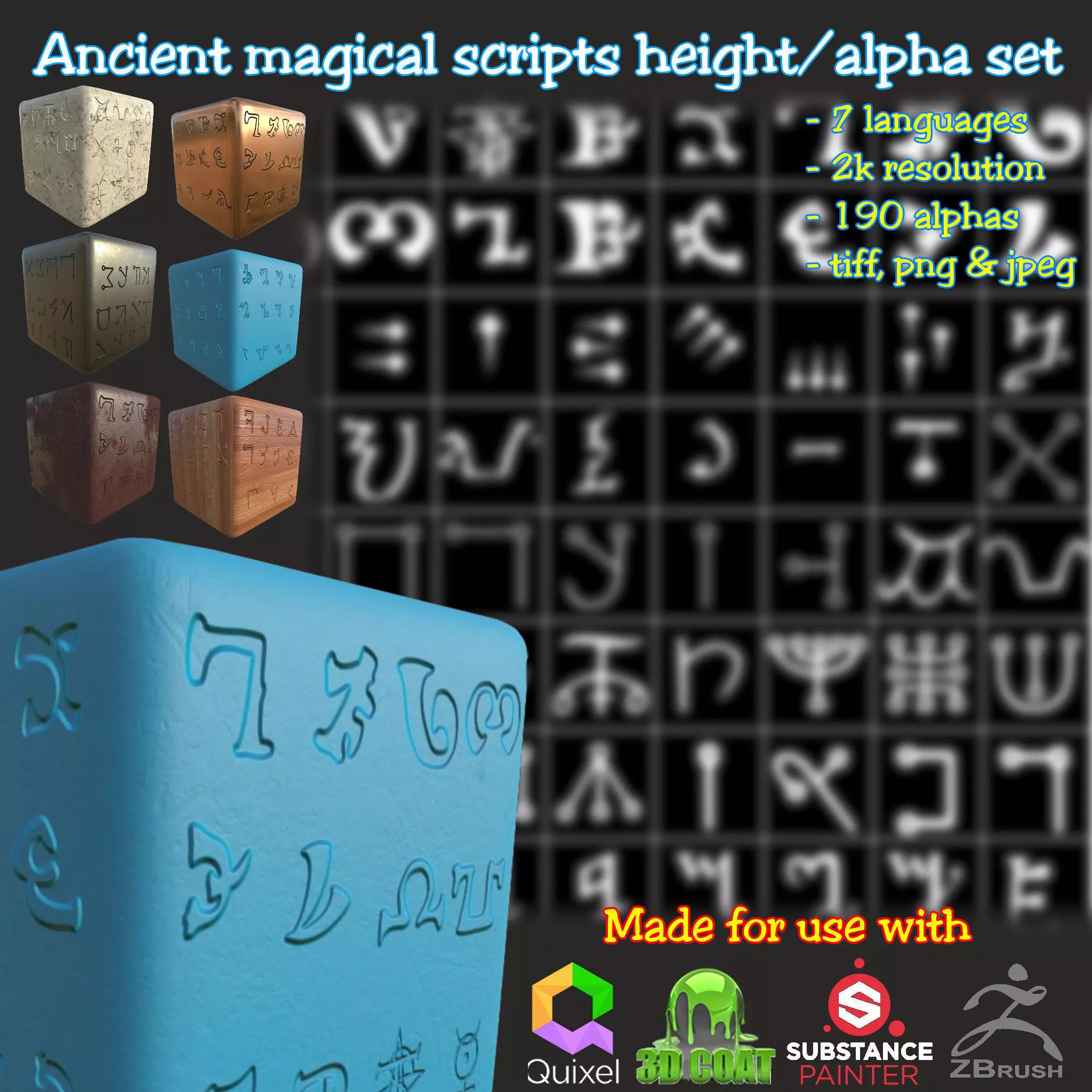 Ancient Magical Scripts set Height map Alpha Brushes decals Texture_0