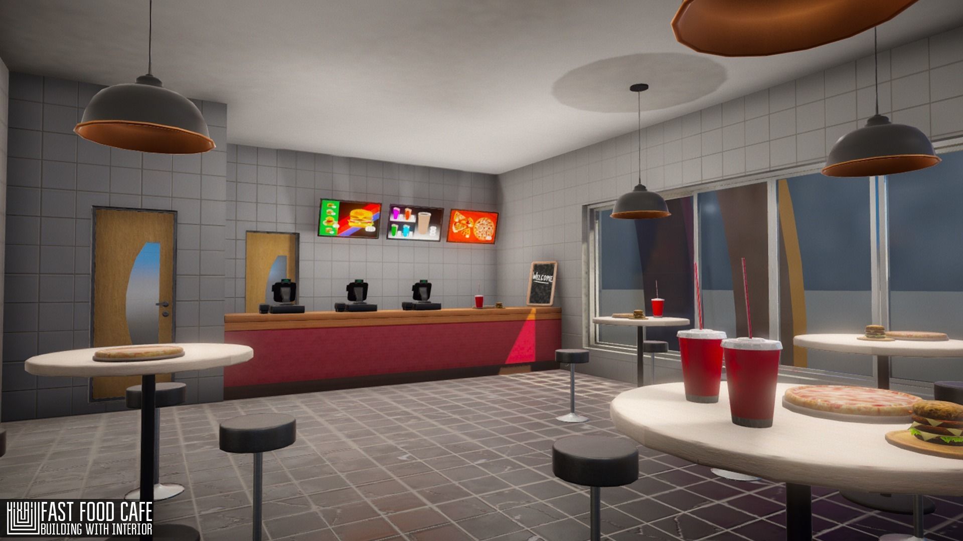 Fast Food Cafe - building with interior Low-poly 3D model_4