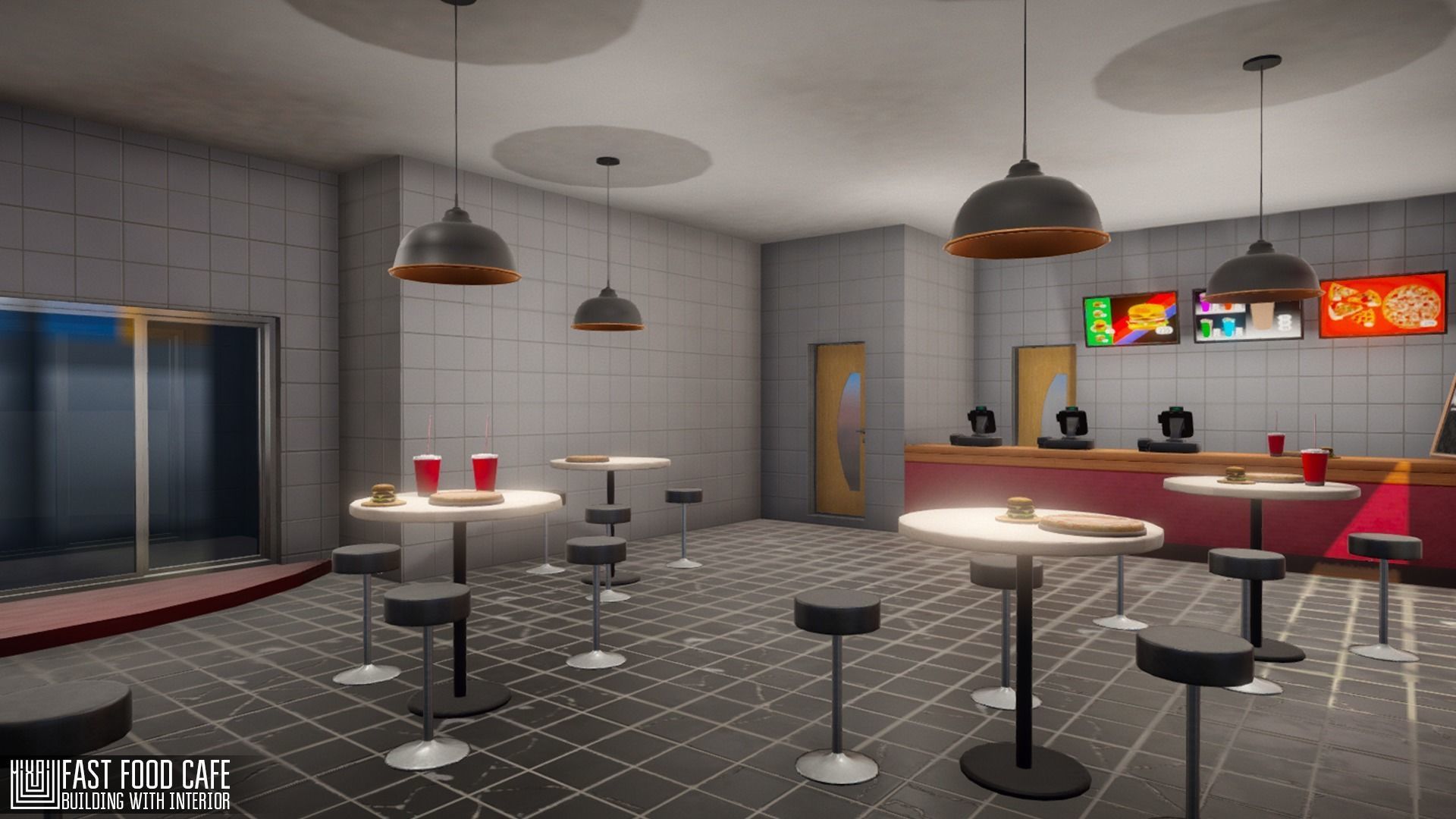 Fast Food Cafe - building with interior Low-poly 3D model_2