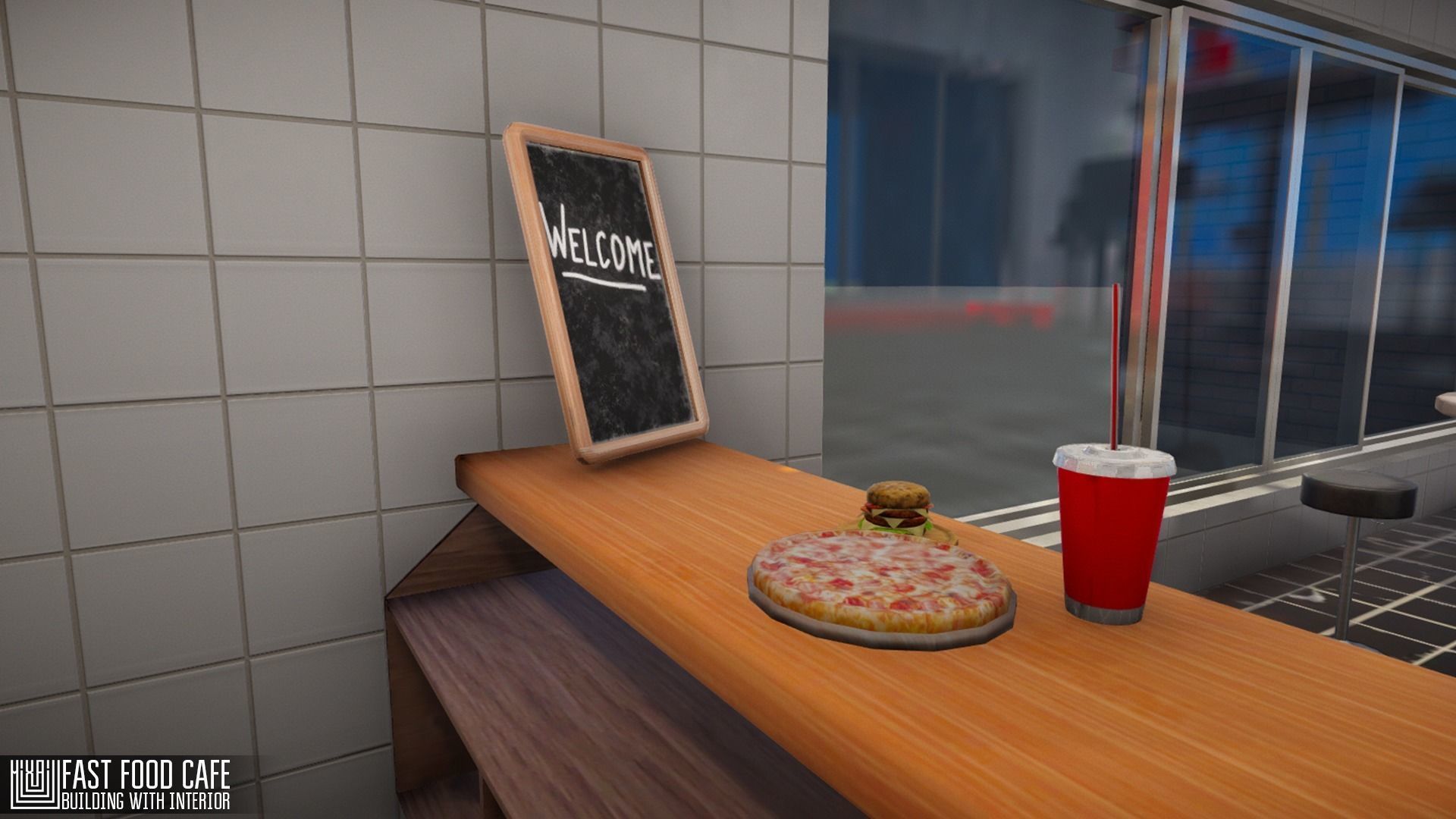 Fast Food Cafe - building with interior Low-poly 3D model_7