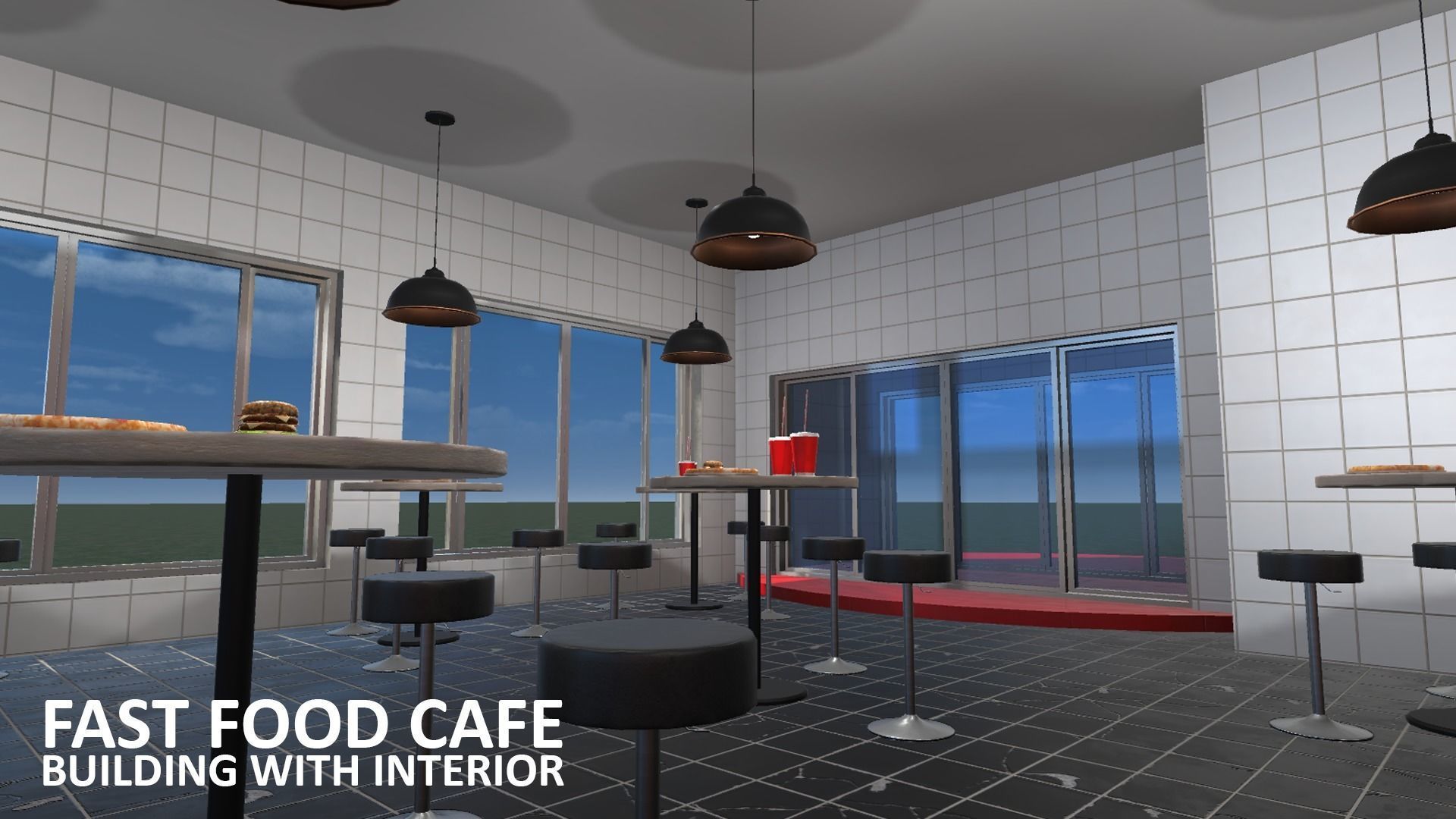 Fast Food Cafe - building with interior Low-poly 3D model_10