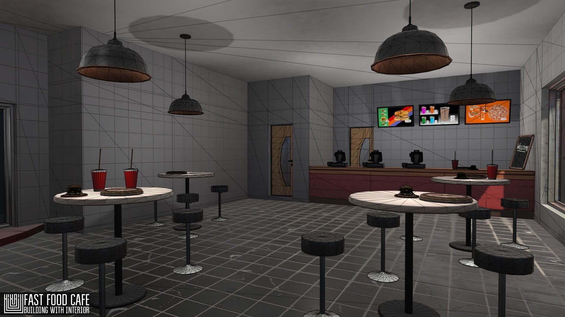 Fast Food Cafe - building with interior Low-poly 3D model_6