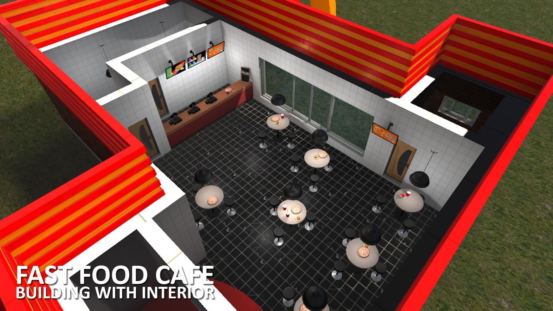 Fast Food Cafe - building with interior Low-poly 3D model_15