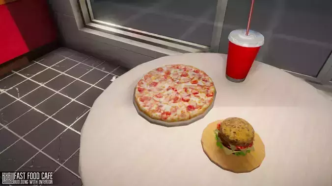 Fast Food Cafe - building with interior Low-poly 3D model