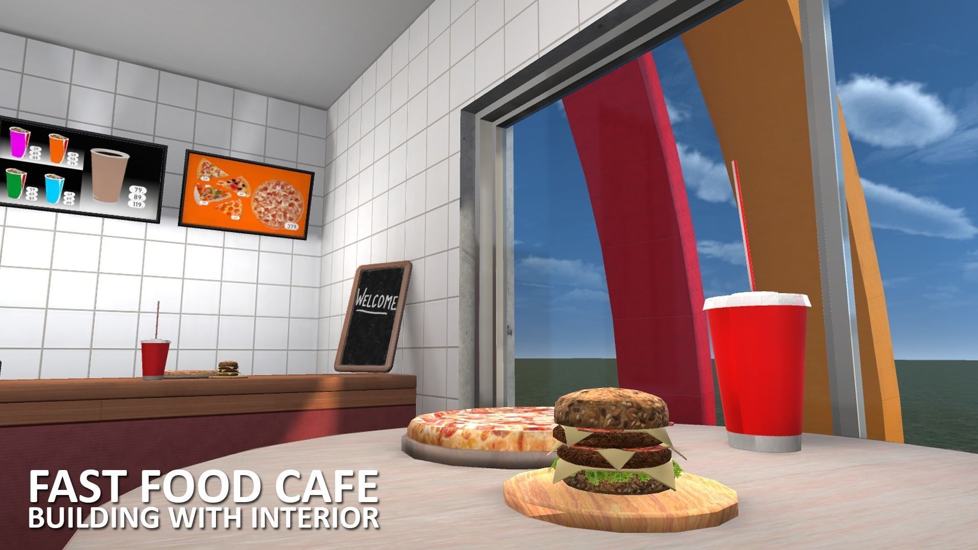 Fast Food Cafe - building with interior Low-poly 3D model_13