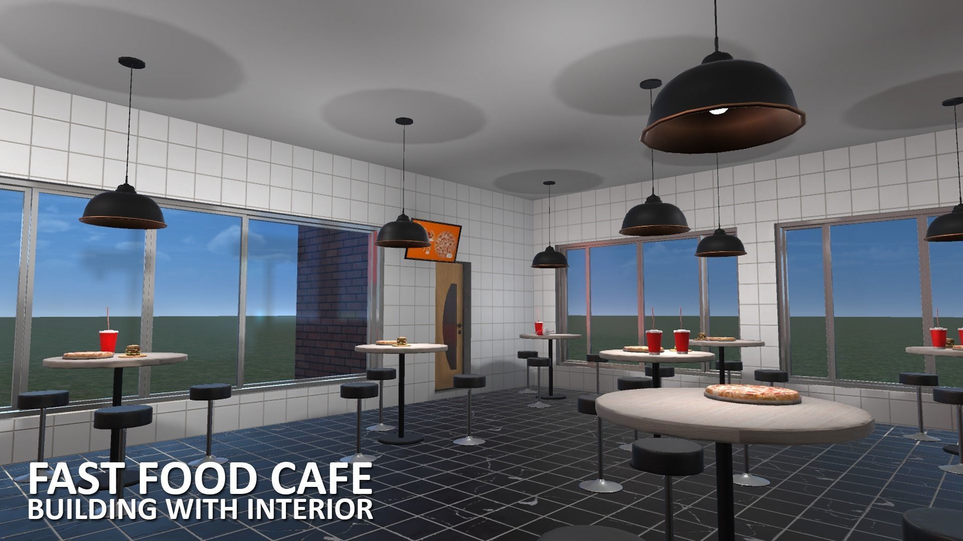 Fast Food Cafe - building with interior Low-poly 3D model_12