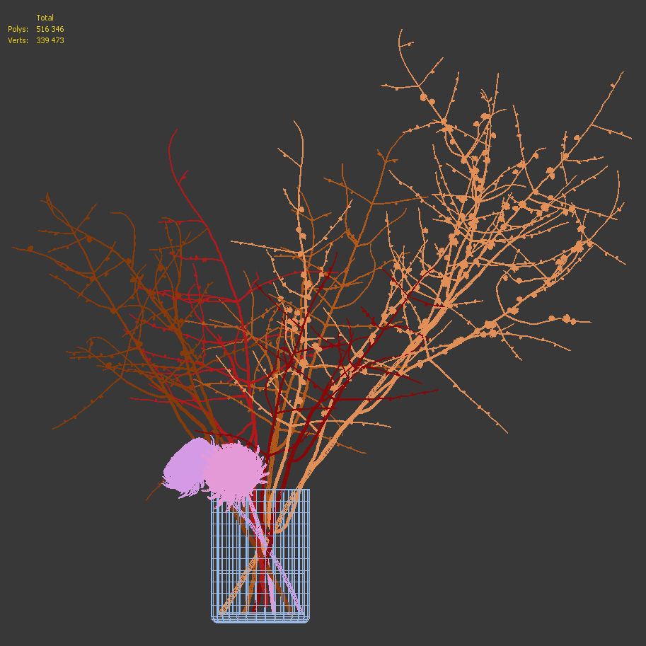 Prunus branches and chrysanthemums 3D model_11