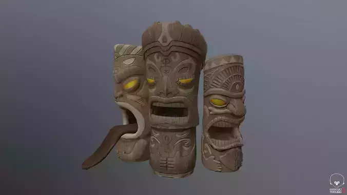Hawaiian Tiki Statues 3 Piece Set Low-poly 3D model