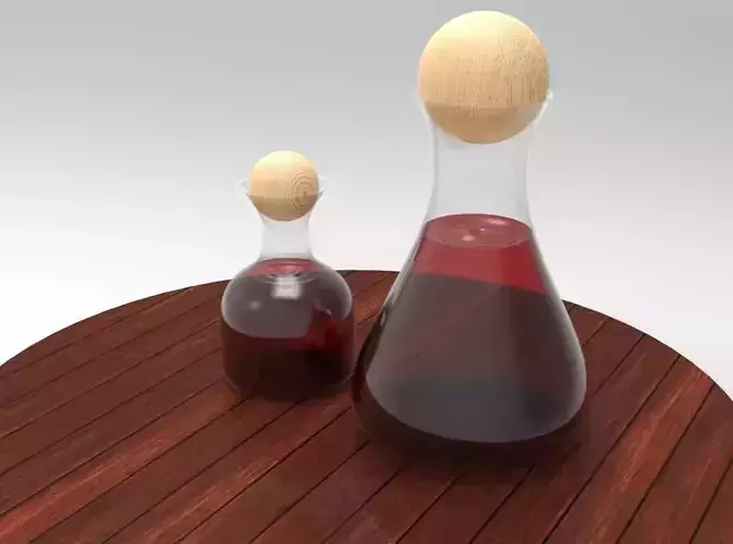 glassbottle-glassjar-beakerbowl two decanters on wooden table