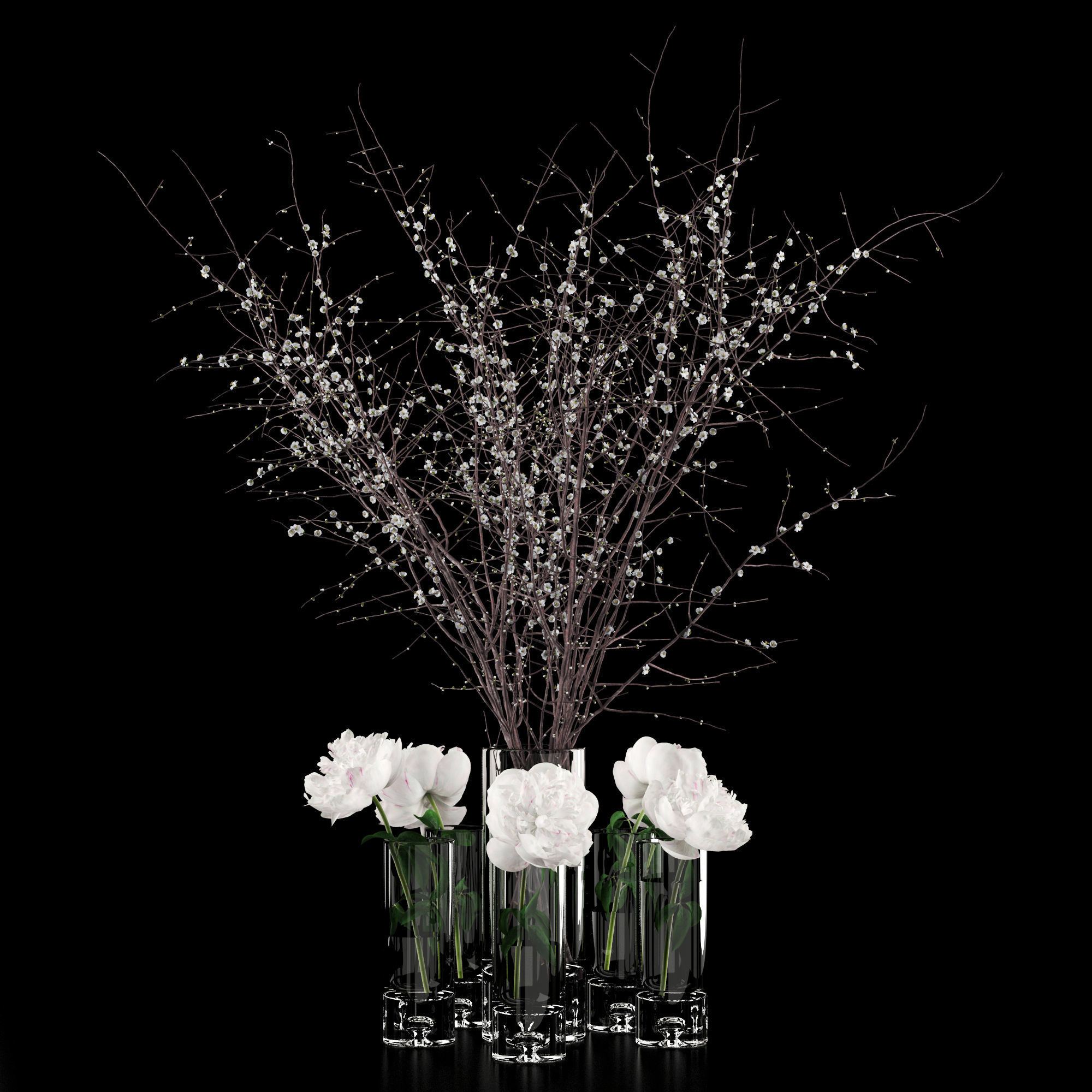 White prunus and peonies 3D model_4
