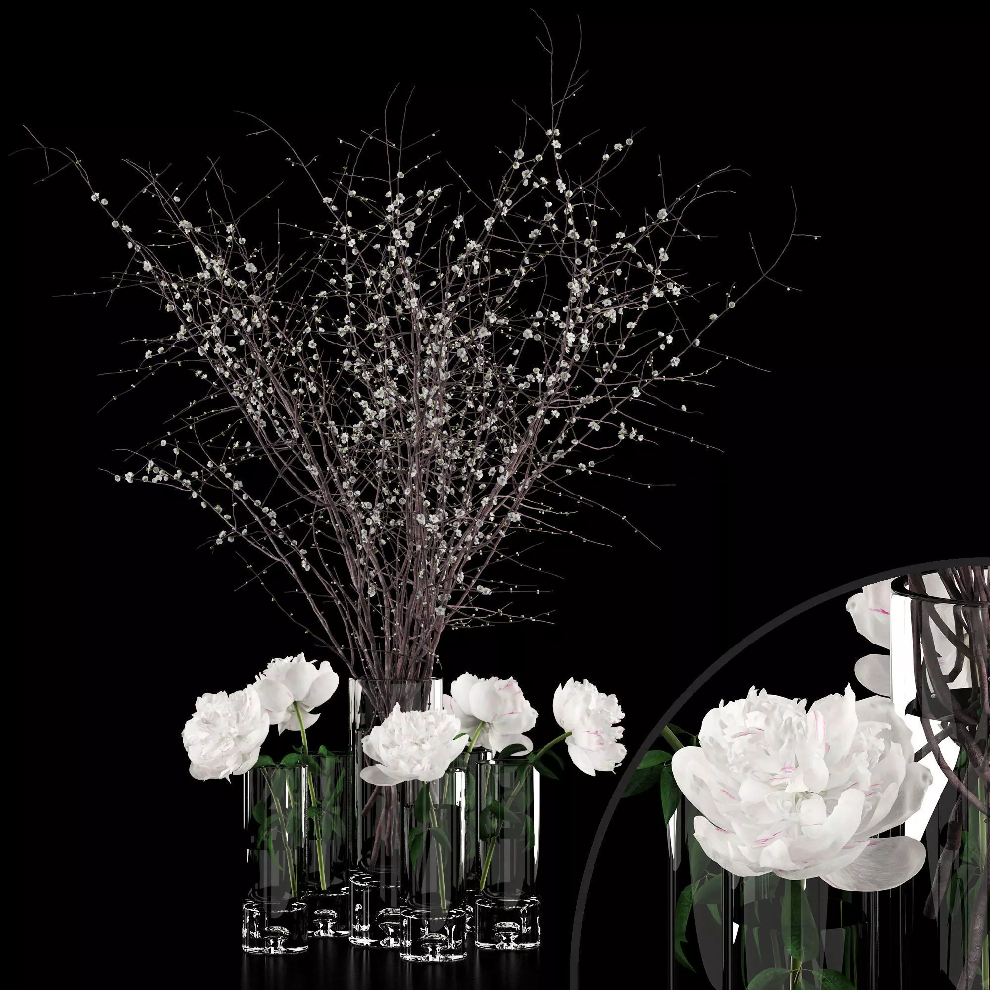 White prunus and peonies 3D model_0