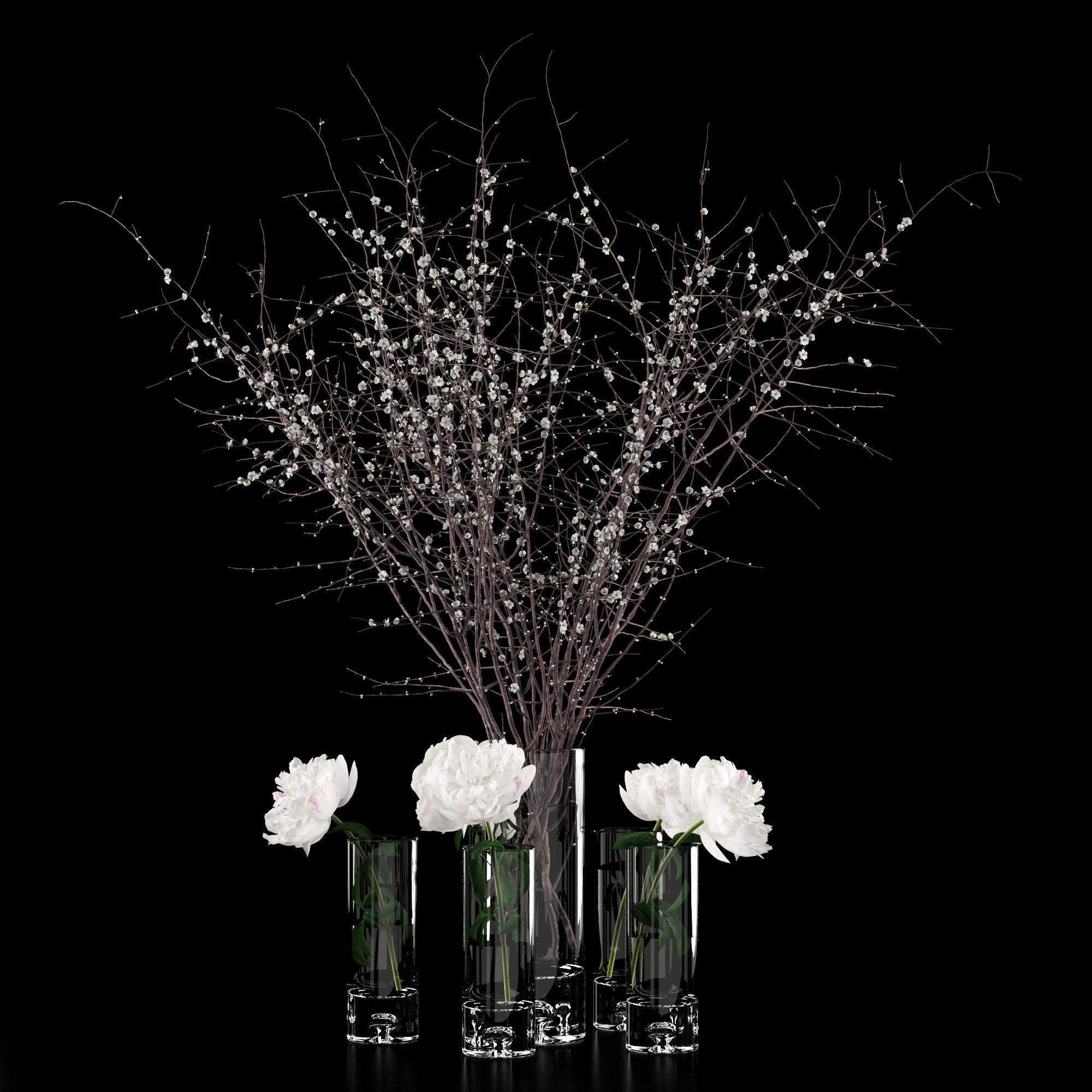 White prunus and peonies 3D model_5
