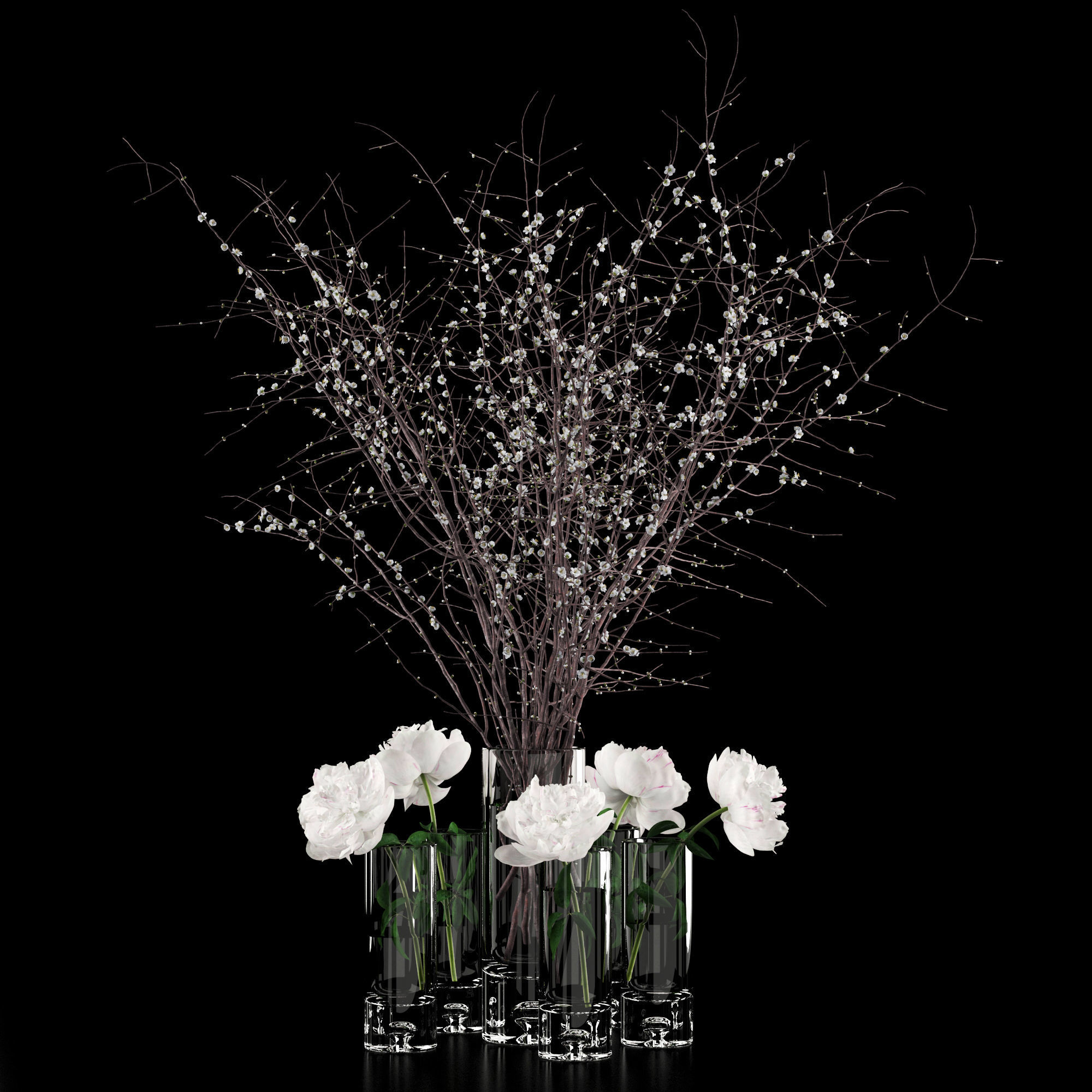 White prunus and peonies 3D model_3