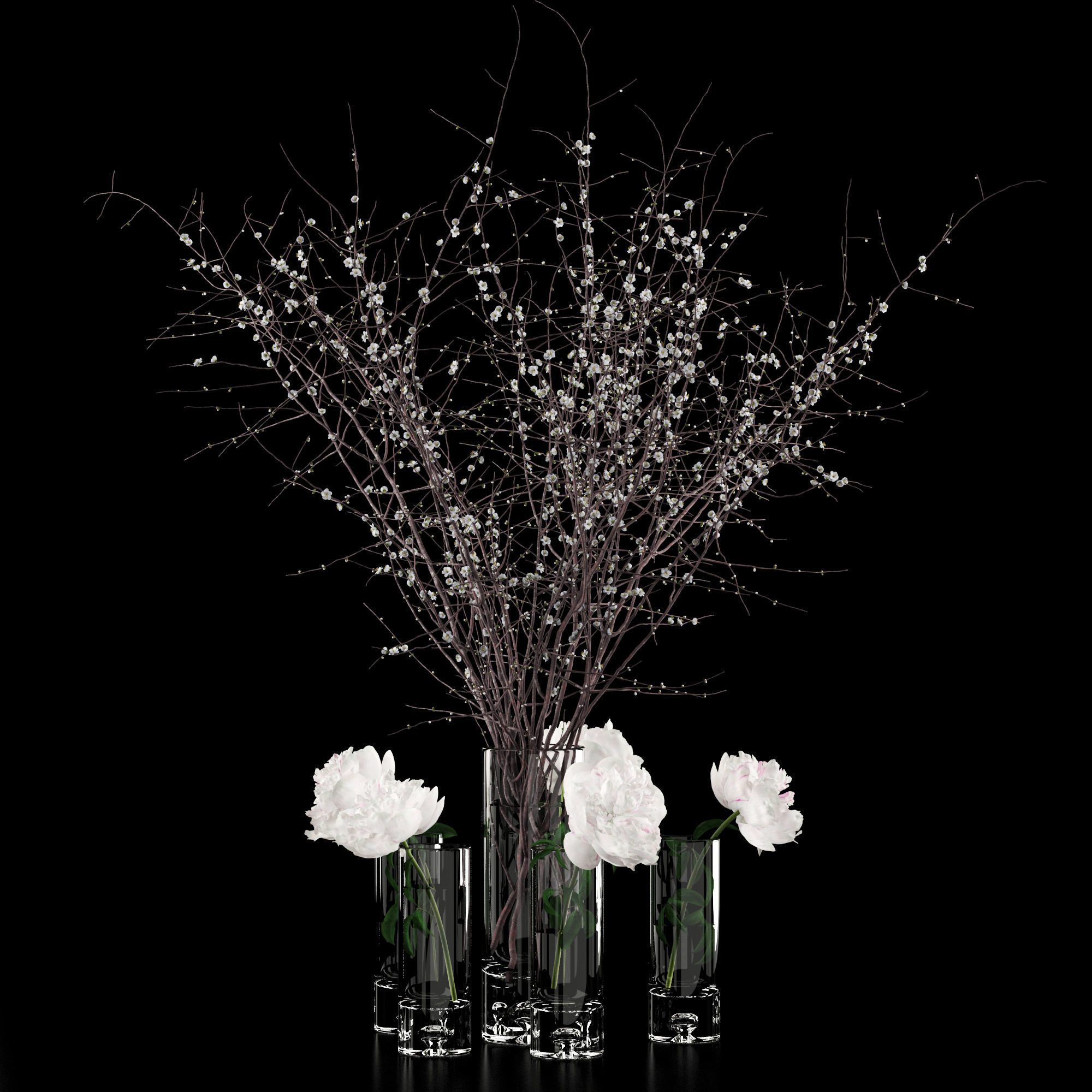 White prunus and peonies 3D model_8