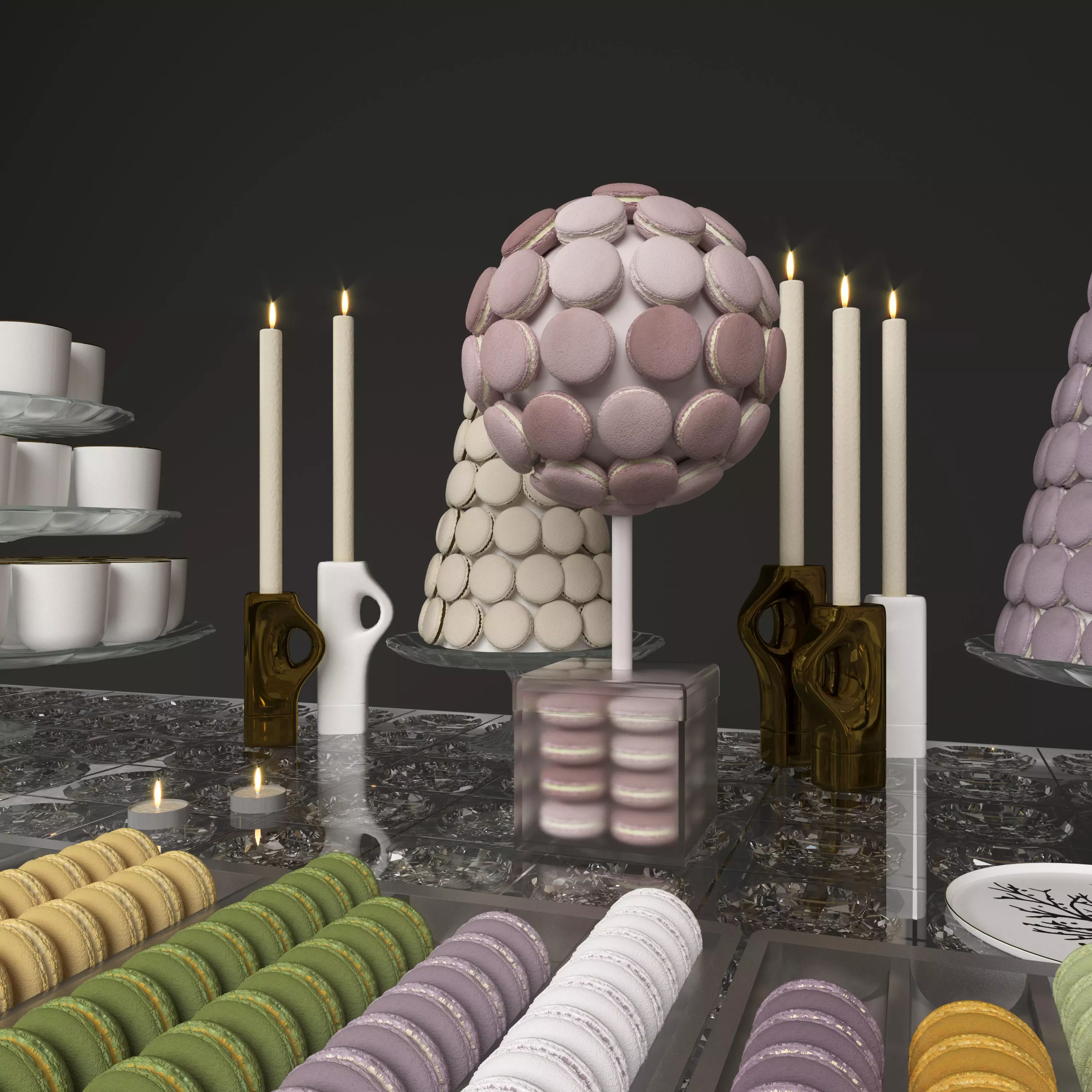 Macaron dessert table with macarons and candles 3D model