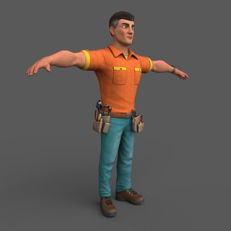 Cartoony Worker Character Low-poly 3D model_1