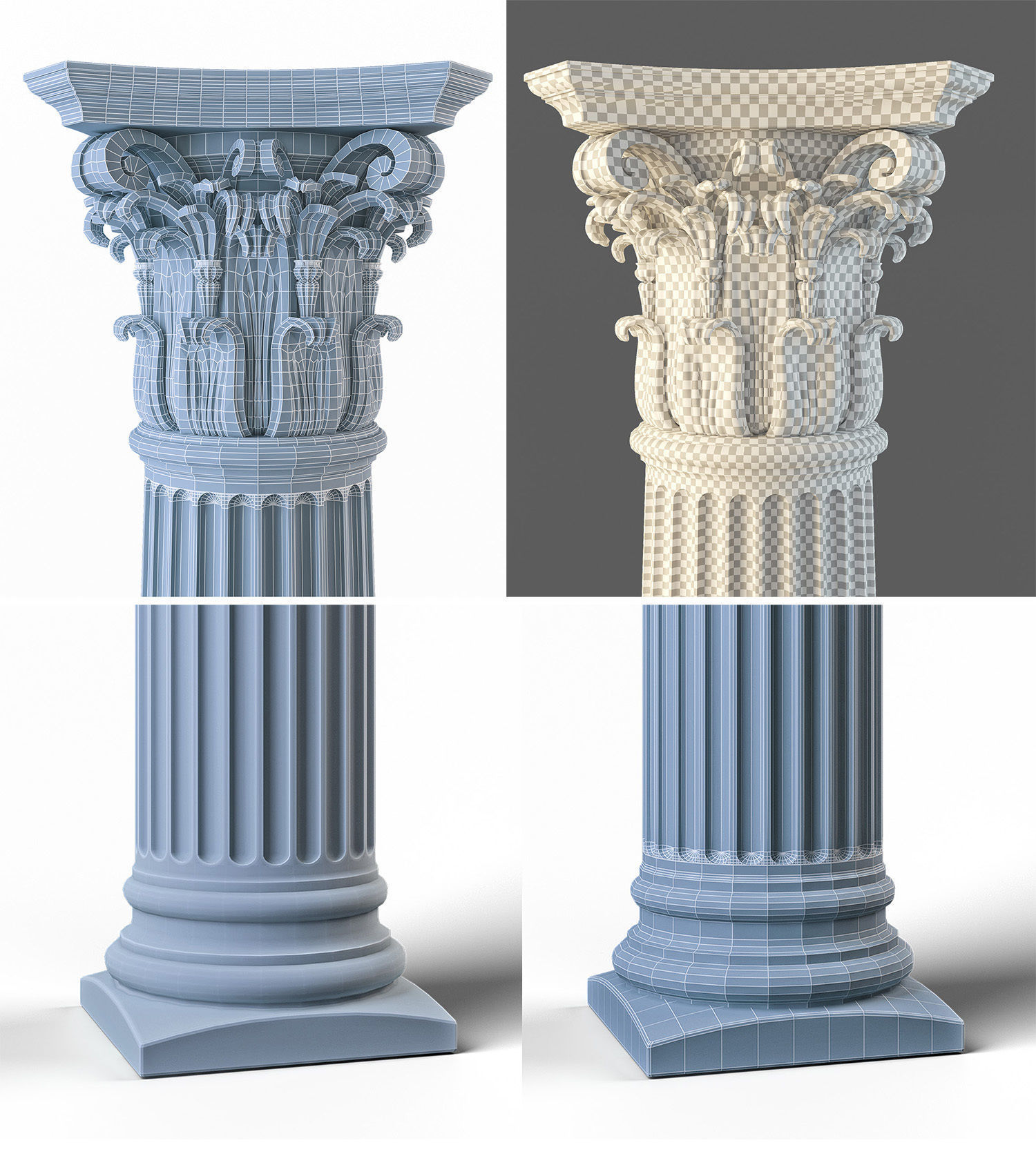 Column with flutes and chapiter of the Corinthian order 3D model_3