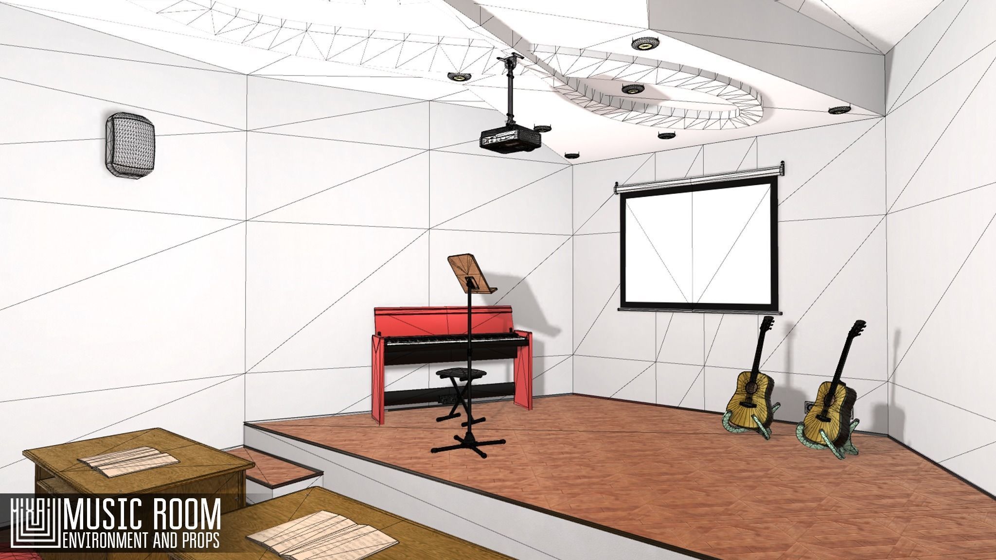 Music room - environment and props Low-poly 3D model_6